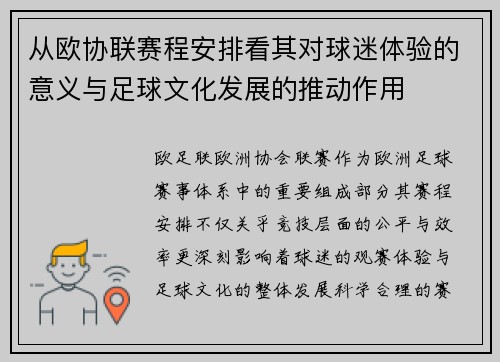 从欧协联赛程安排看其对球迷体验的意义与足球文化发展的推动作用